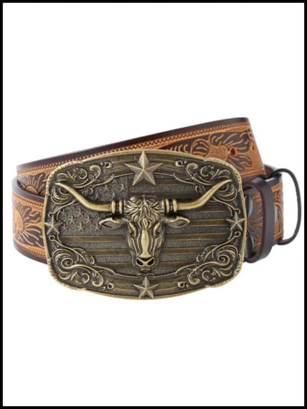 Men's Western Cowboy Leather Belt with Engraved Buckle
